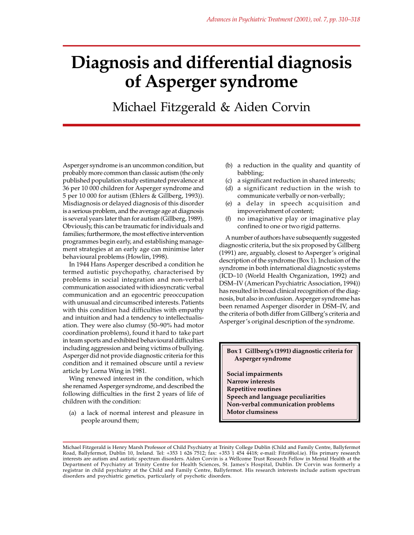 pdf) diagnosis and differential diagnosis of asperger syndrome