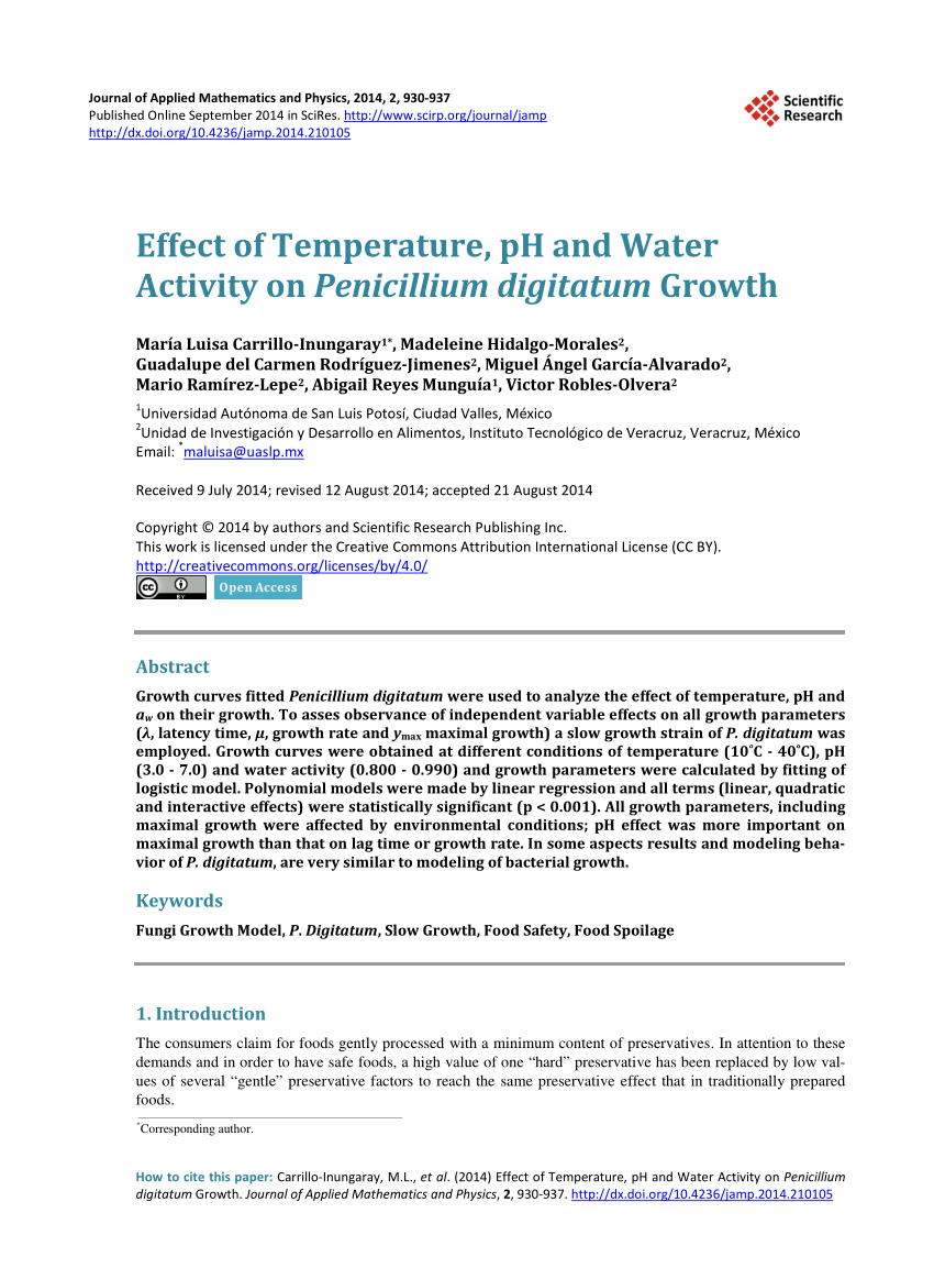 Pdf Effect Of Temperature Ph And Water Activity On Penicillium Digitatum Growth