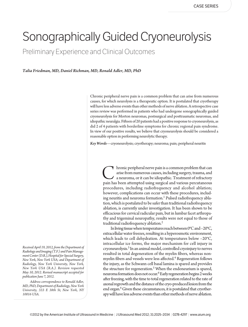 Pdf Outcomes In Ultrasound Guided Cryoneurolysis