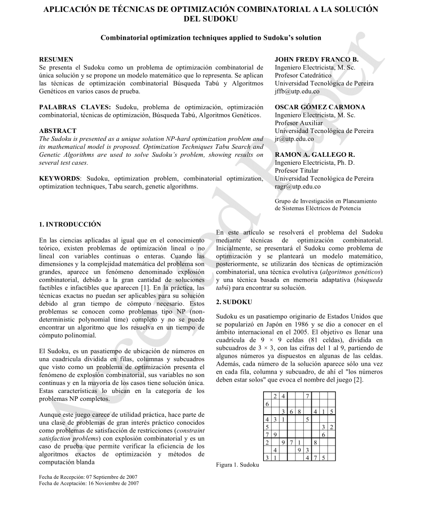 Aplicación de técnicas de optimización combinatorial solución del Sudoku