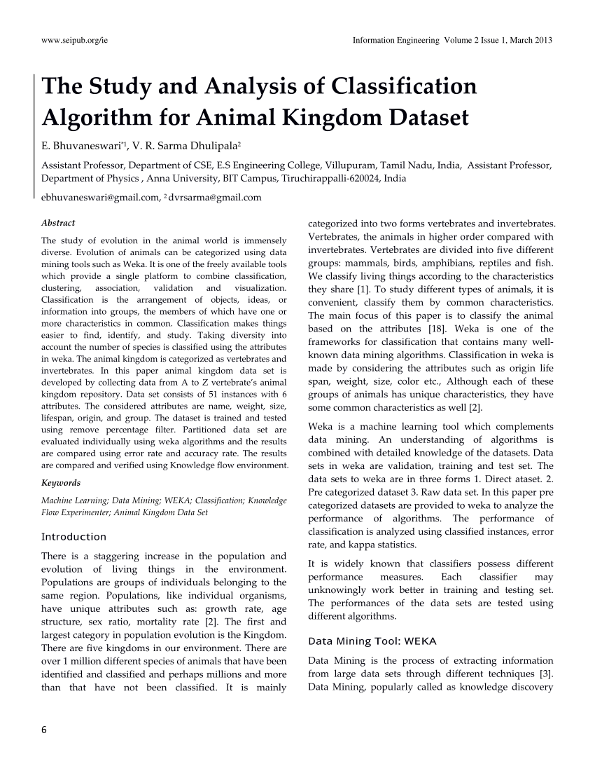 PDF) The Study and Analysis of Classification Algorithm for Animal Kingdom  Dataset