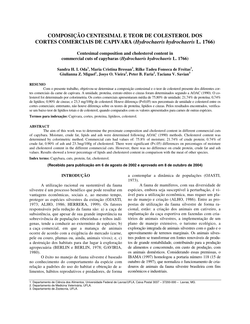 Pdf Composição Centesimal E Teor De Colesterol Dos Cortes Comerciais De Capivara Hydrochaeris 8713