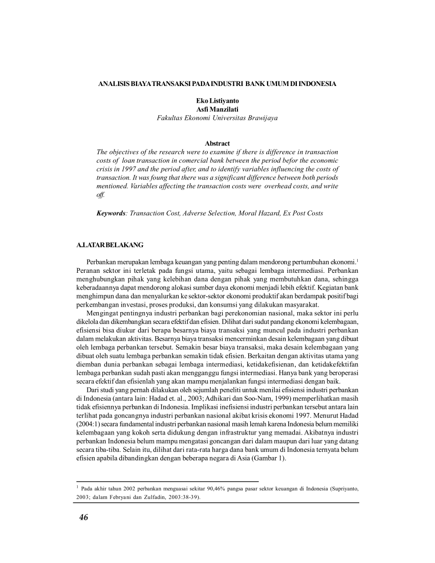Pdf Analisis Biaya Transaksi Pada Industri Bank Umum Di Indonesia
