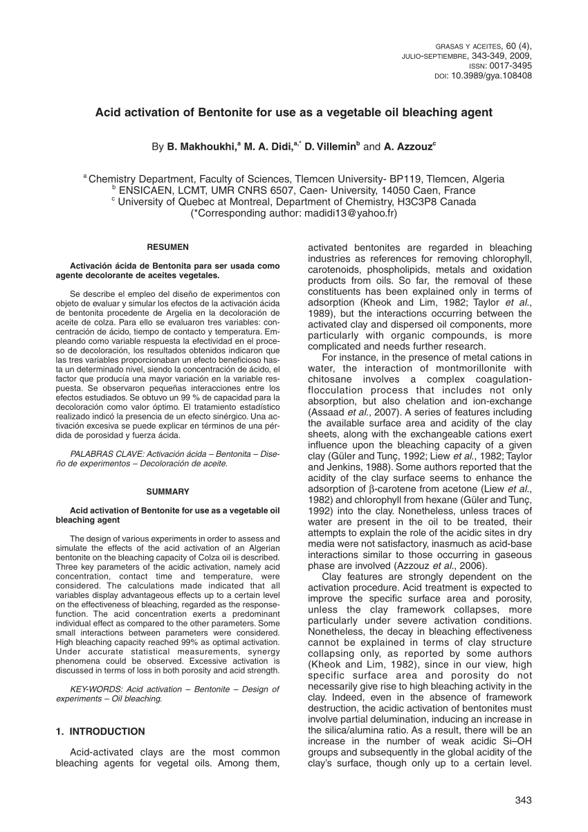 Pdf Acid Activation Of Bentonite For Use As A Vegetable Oil Bleaching Agent