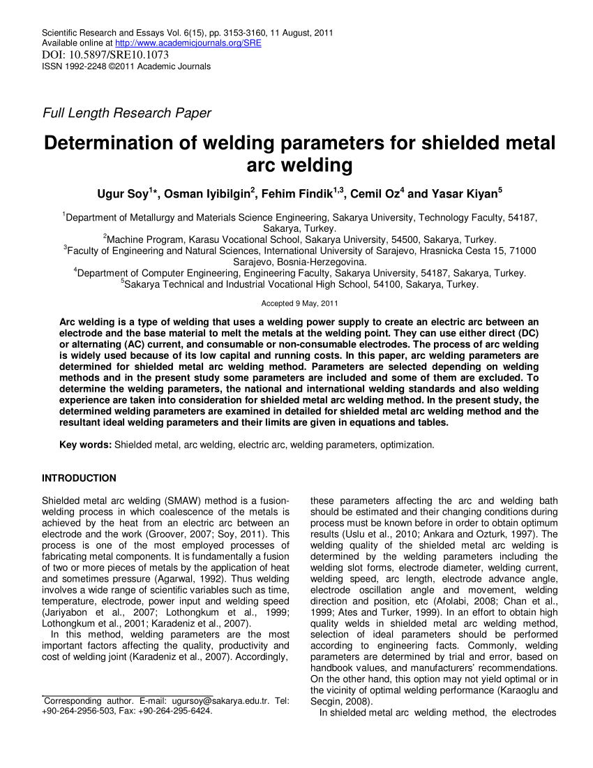 Pdf Determination Of Welding Parameters For Shielded Metal Arc Welding