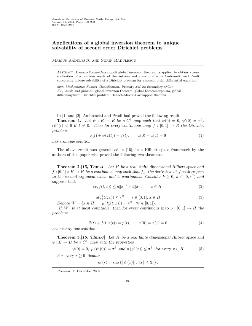 Pdf Applications Of A Global Inversion Theorem To Unique Solvability Of Second Order Dirichlet Problems