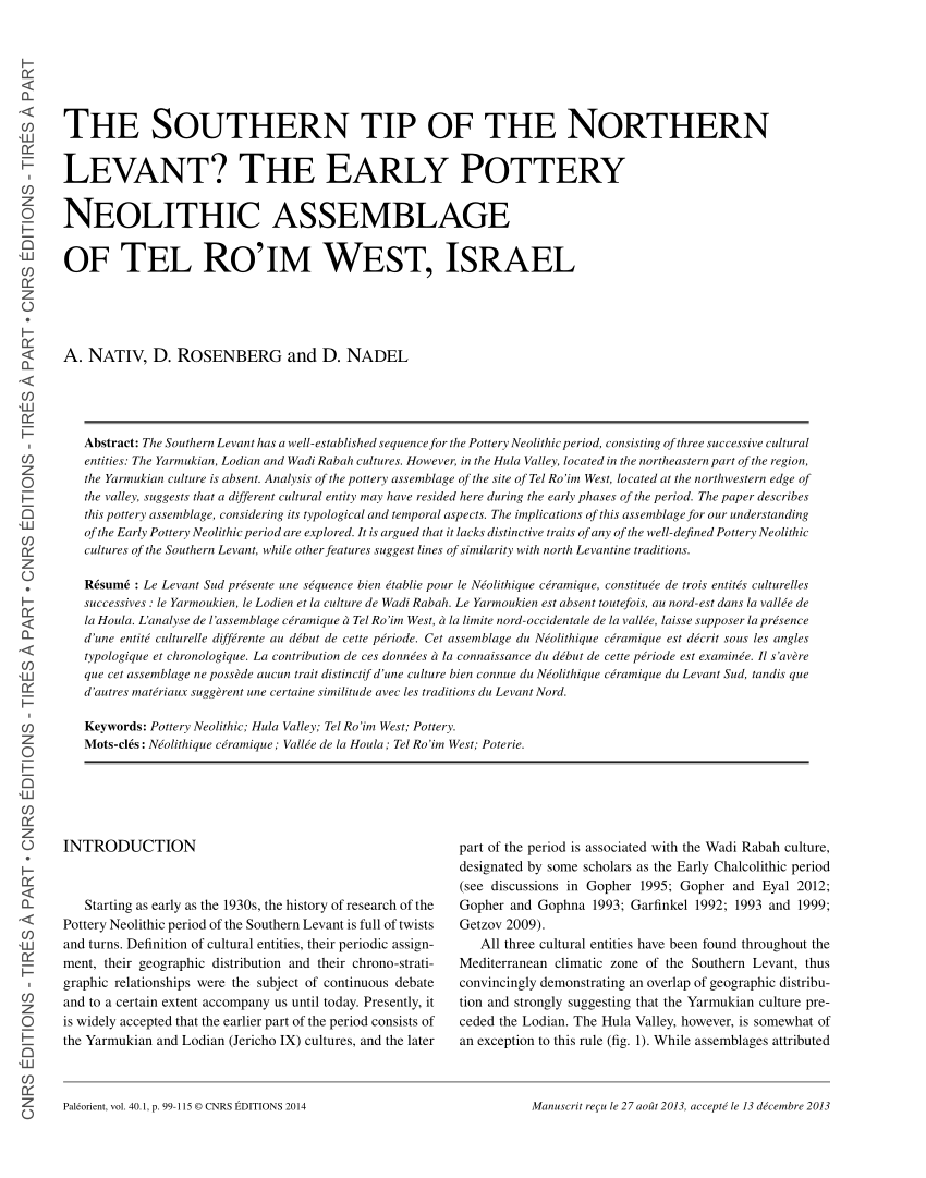 Pdf The Southern Tip Of The Northern Levant The Early Pottery Neolithic Assemblage Of Tell Ro Im West
