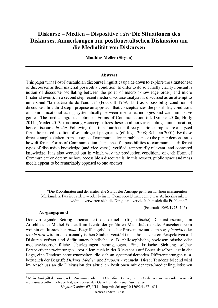 PDF Diskurse – Me n – Dispositive oder Die Situationen des Diskurses Anmerkungen zur postfoucaultschen Diskussion um Medialität von Diskurse