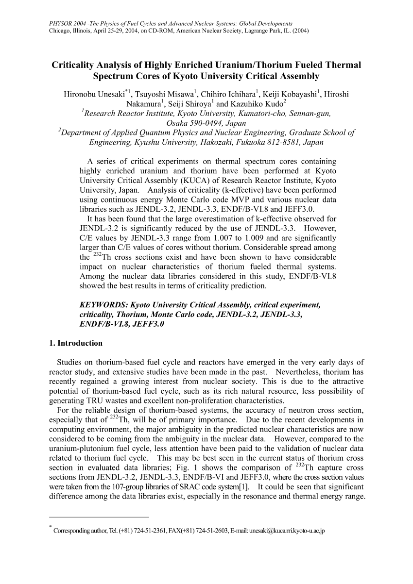 (PDF) Criticality Analysis of Highly Enriched Uranium/Thorium Fueled