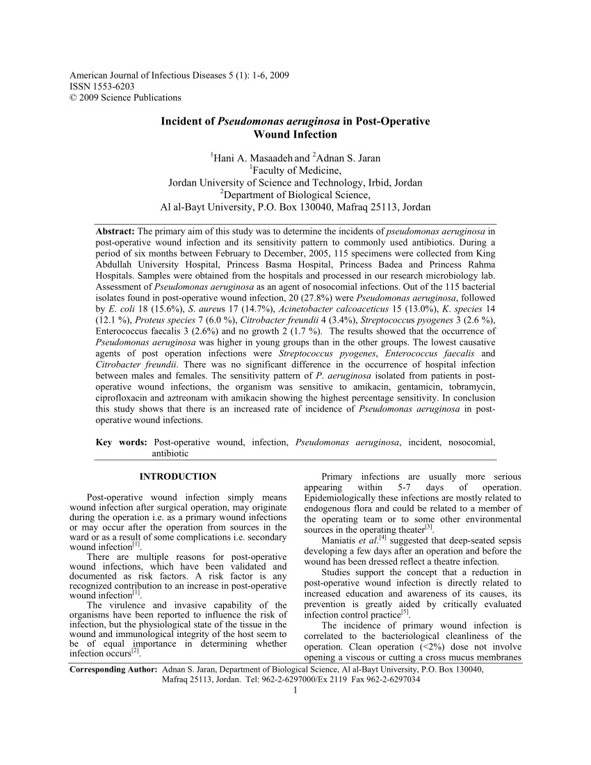 (PDF) Incident of Pseudomonas aeruginosa in Post-Operative Wound Infection