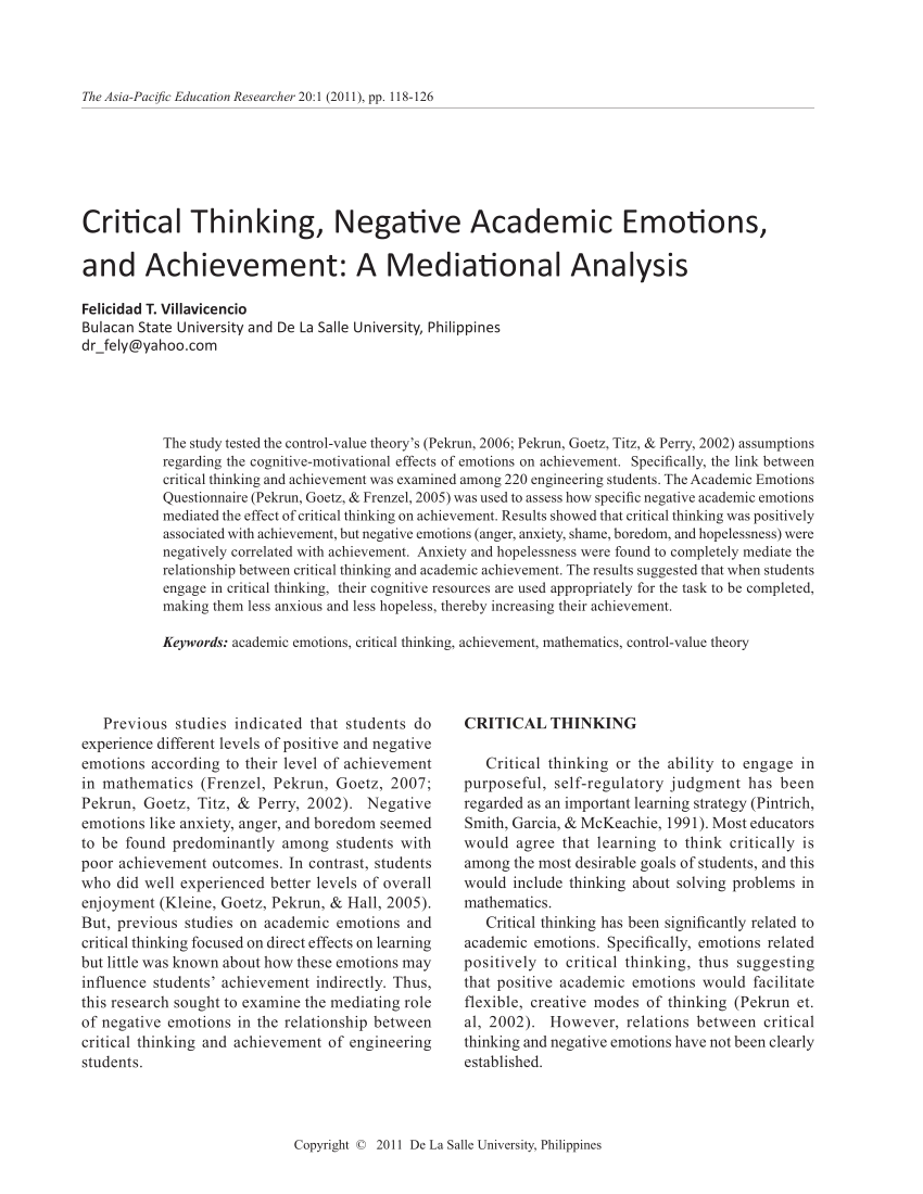 critical thinking negative academic emotions and achievement a mediational analysis