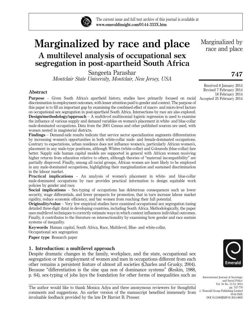 Pdf Marginalized By Race And Place A Multilevel Analysis Of Occupational Sex Segregation In 
