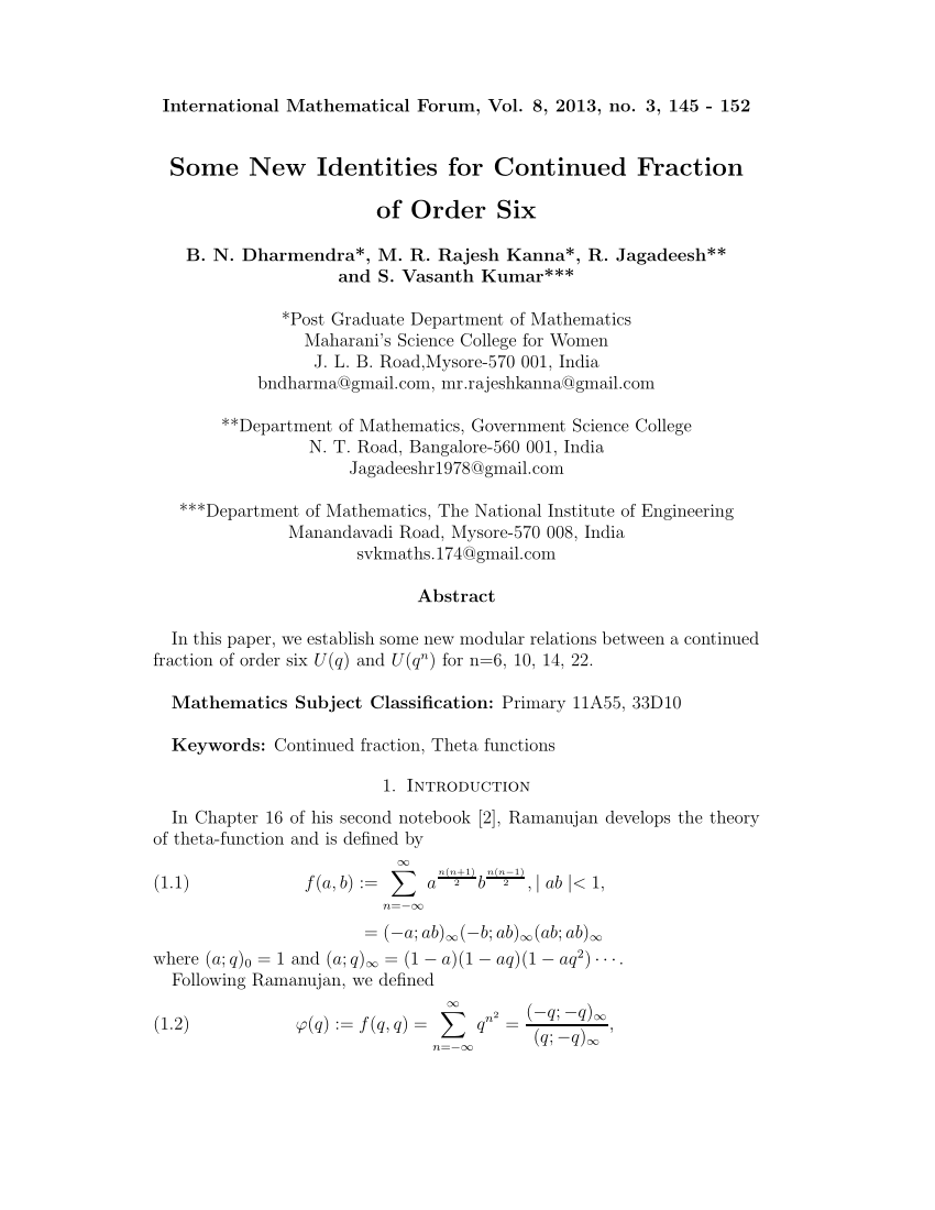 PDF) Some New Identities for Continued Fraction of Order Six