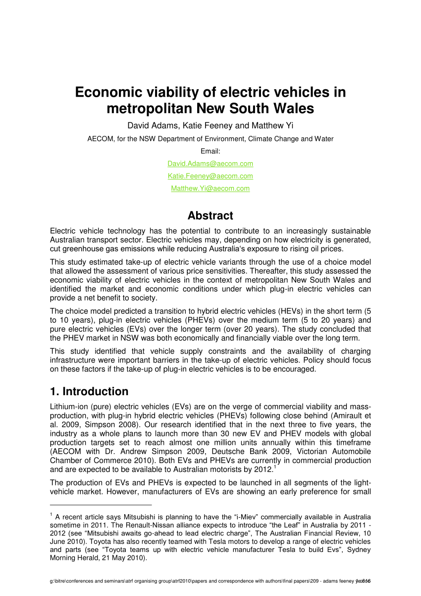 (PDF) Economic viability of electric vehicles in metropolitan New South