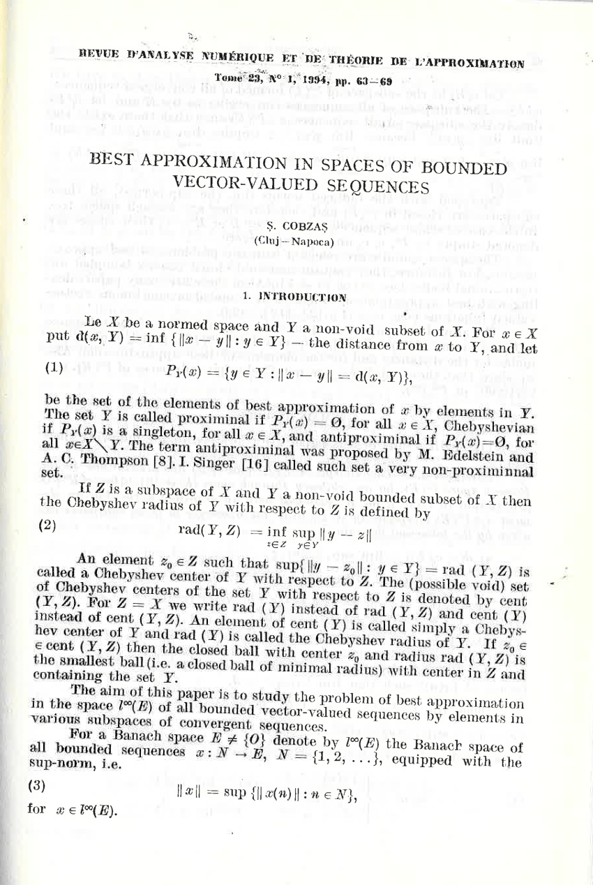 Pdf Best Approximation In Spaces Of Bounded Vector Valued Sequences
