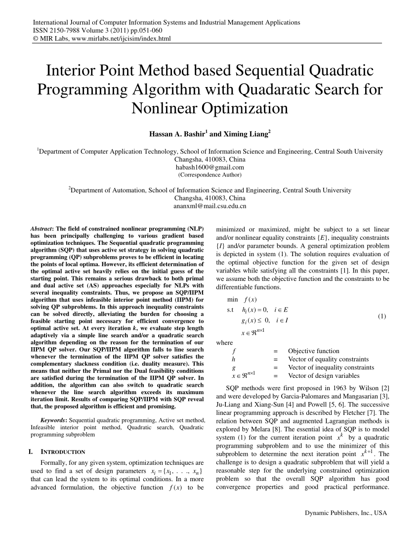 Pdf Interior Point Method Based Sequential Quadratic Programming Algorithm With Quadaratic Search For Nonlinear Optimization