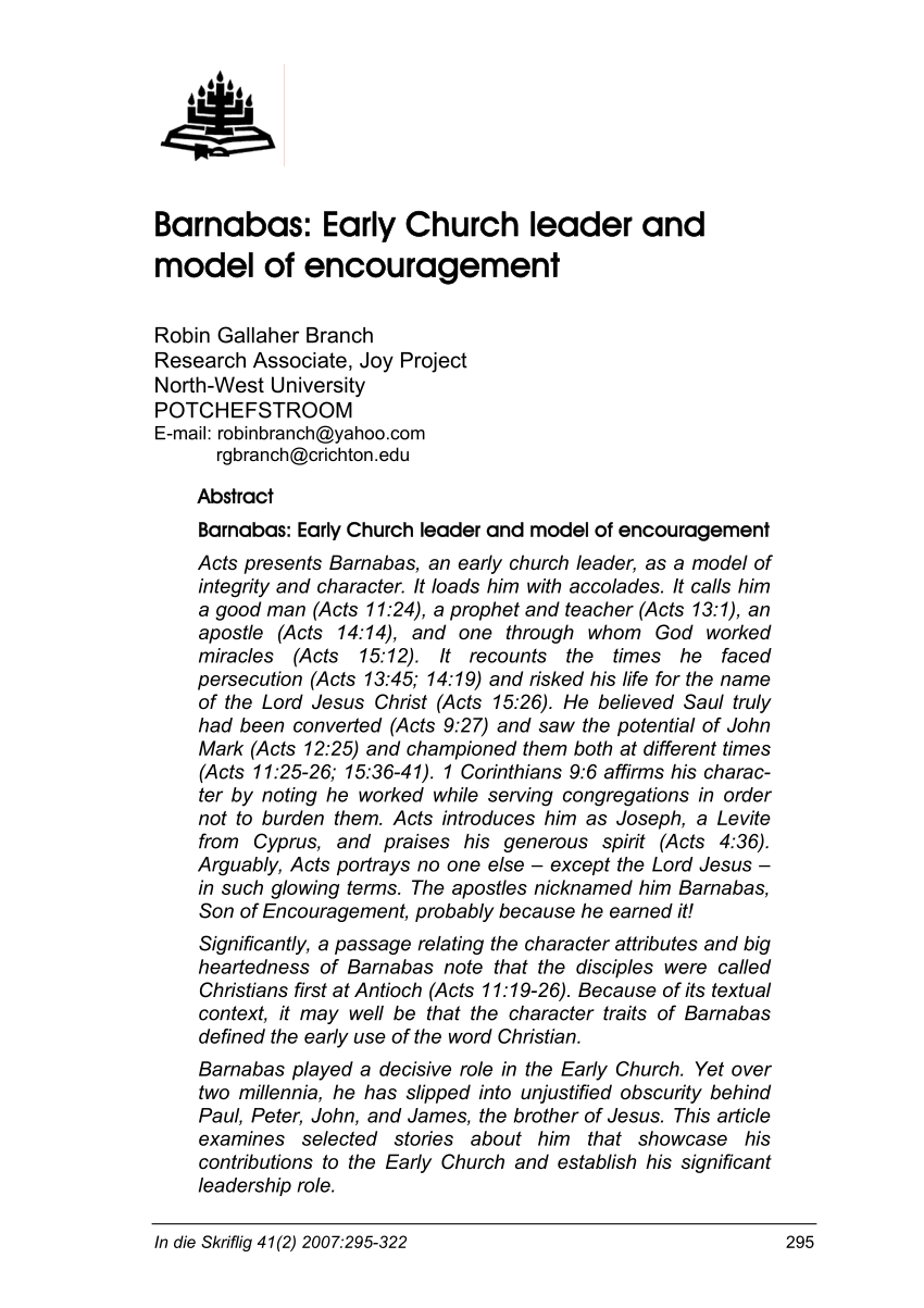 Pdf Barnabas Early Church Leader And Model Of Encouragement