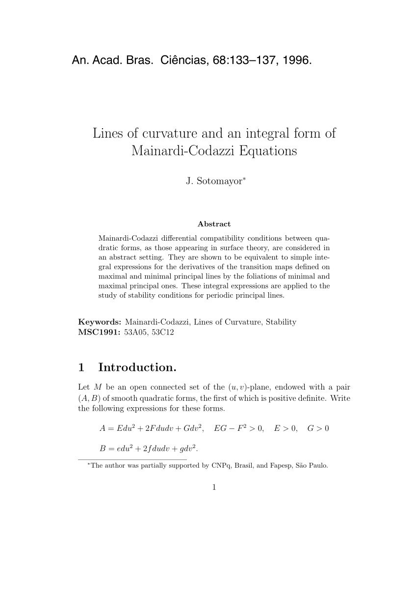 Pdf Lines Of Curvature And An Integral Form Of Mainardi Codazzi Equations