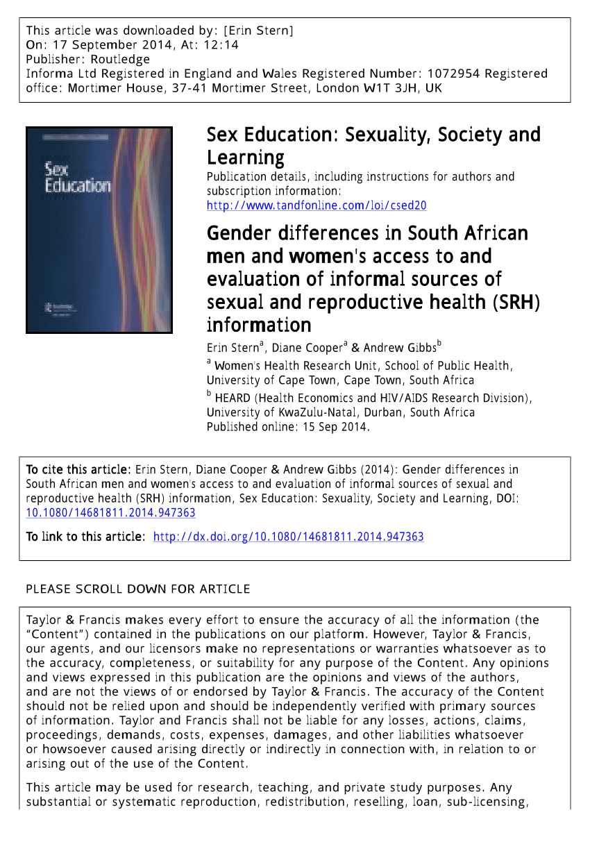 PDF) Assessing the gendered differences in sources, contents and evaluation  of sex and HIV information among young people in South Africa.