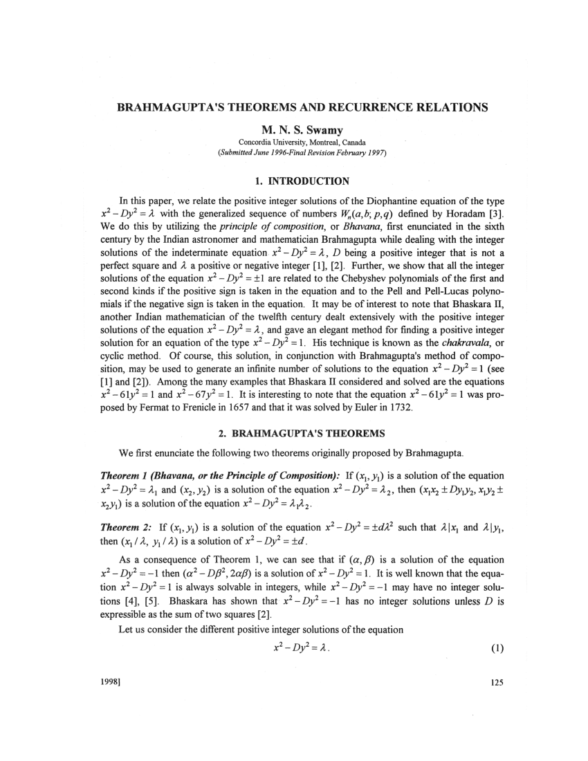 PDF) Brahmagupta's theorems and recurrence relations