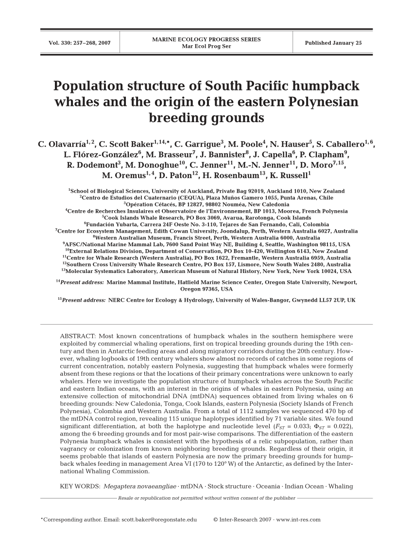 PDF) Population structure of South Pacific humpback whales and the origin  of the eastern Polynesian breeding grounds