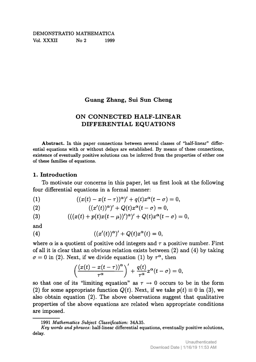 Pdf On Connected Half Linear Differential Equations