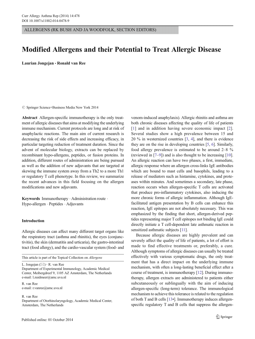 Pdf Modified Allergens And Their Potential To Treat Allergic Disease 