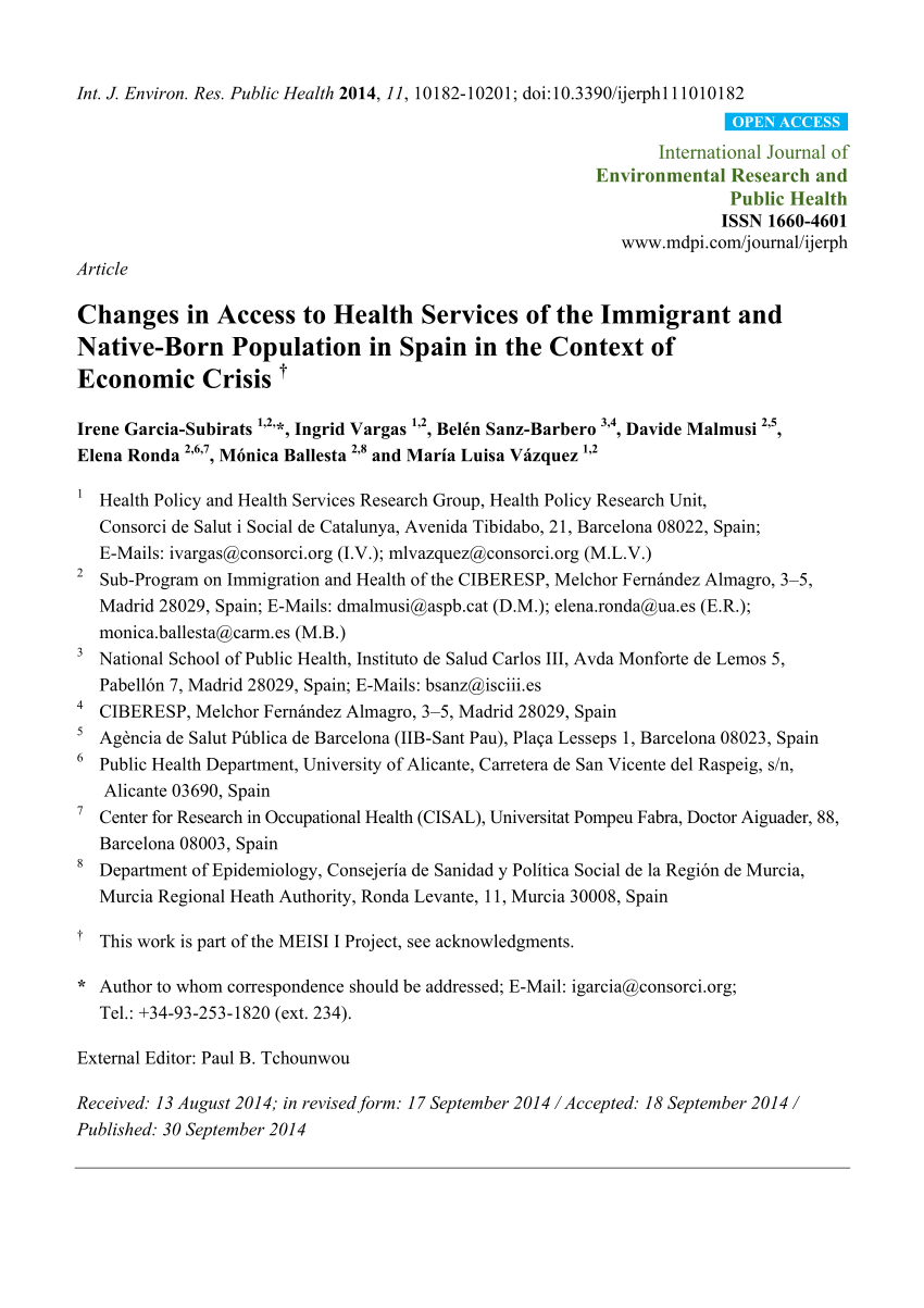 PDF) Changes in Access to Health Services of the Immigrant and Native-Born Population in Spain in the Context of Economic Crisis image