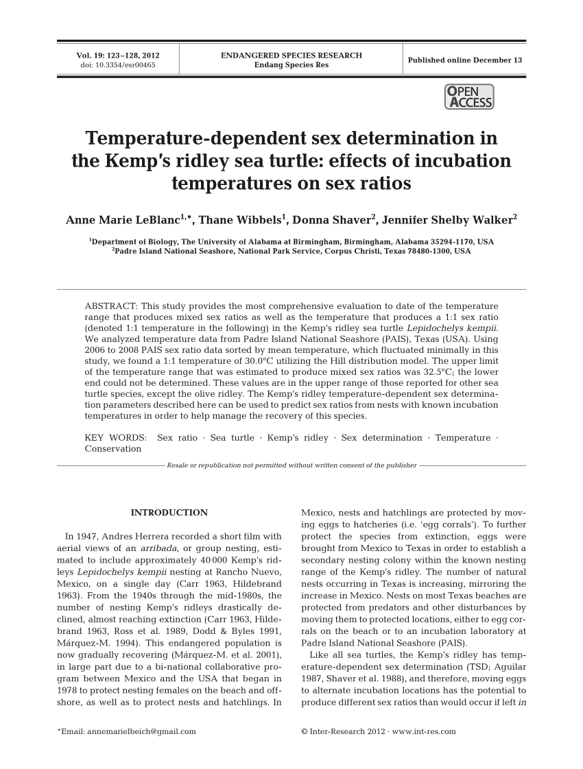 PDF Temperature dependent sex determination in the Kemp s ridley  