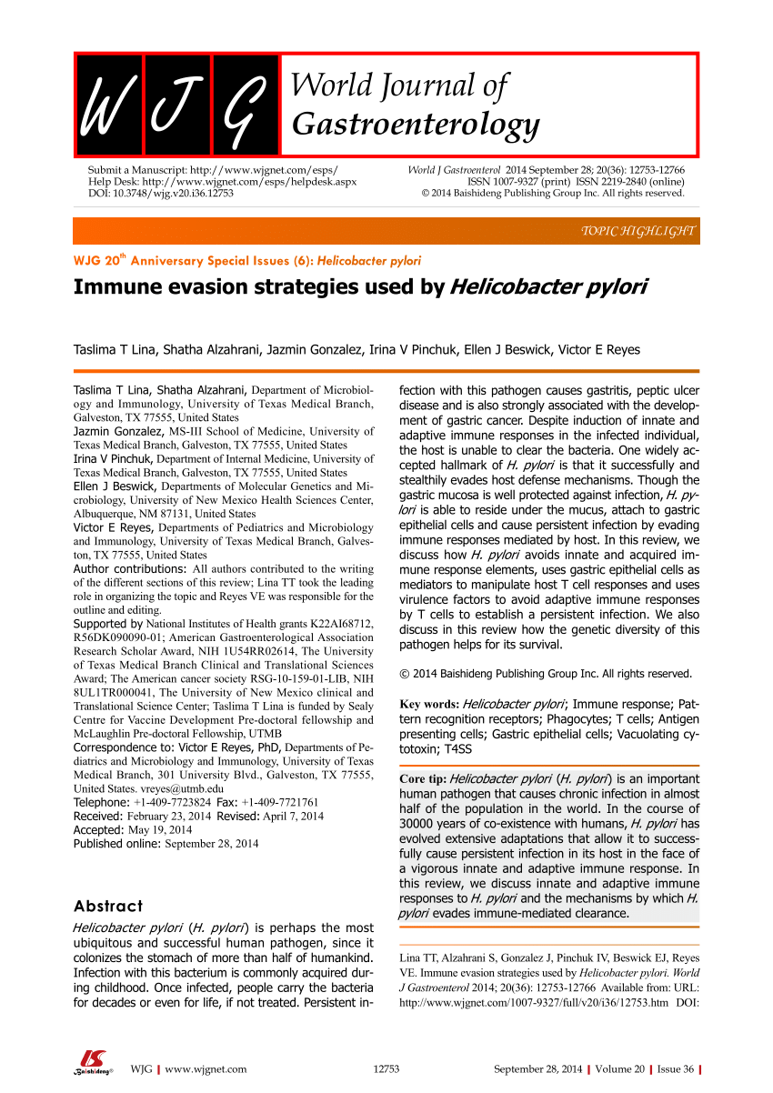 Pdf Immune Evasion Strategies Used By Helicobacter Pylori