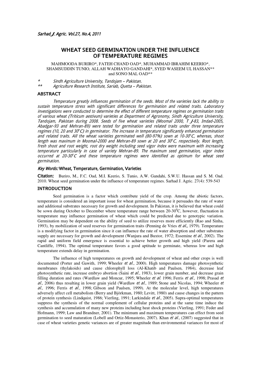 Pdf Wheat Seed Germination Under The Influence Of Temperature Regimes