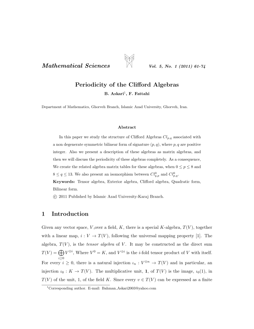 Pdf Periodicity Of The Clifford Algebras