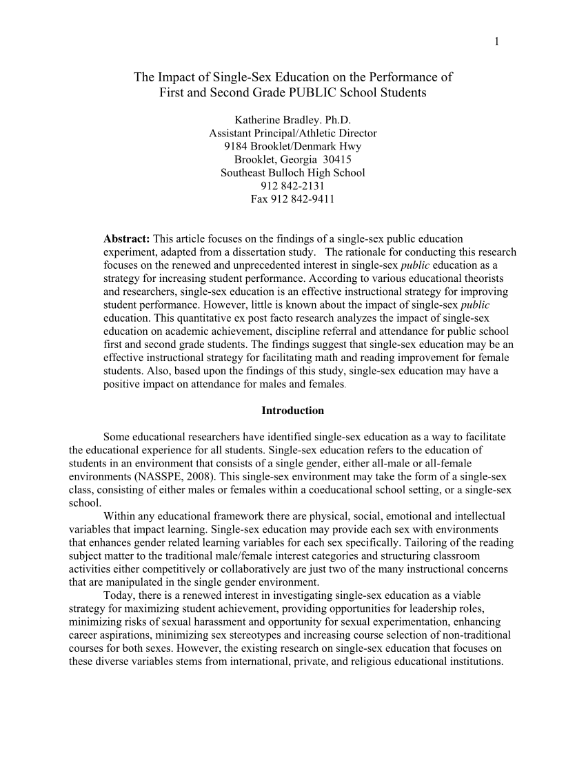 PDF) The Impact of Single-Sex Education on the Performance of First and  Second Grade PUBLIC School Students