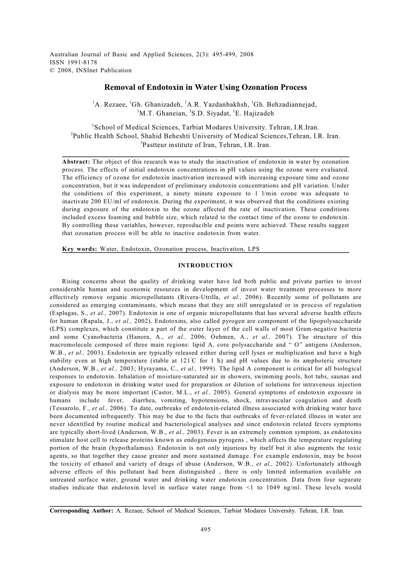 Pdf Removal Of Endotoxin In Water Using Ozonation Process