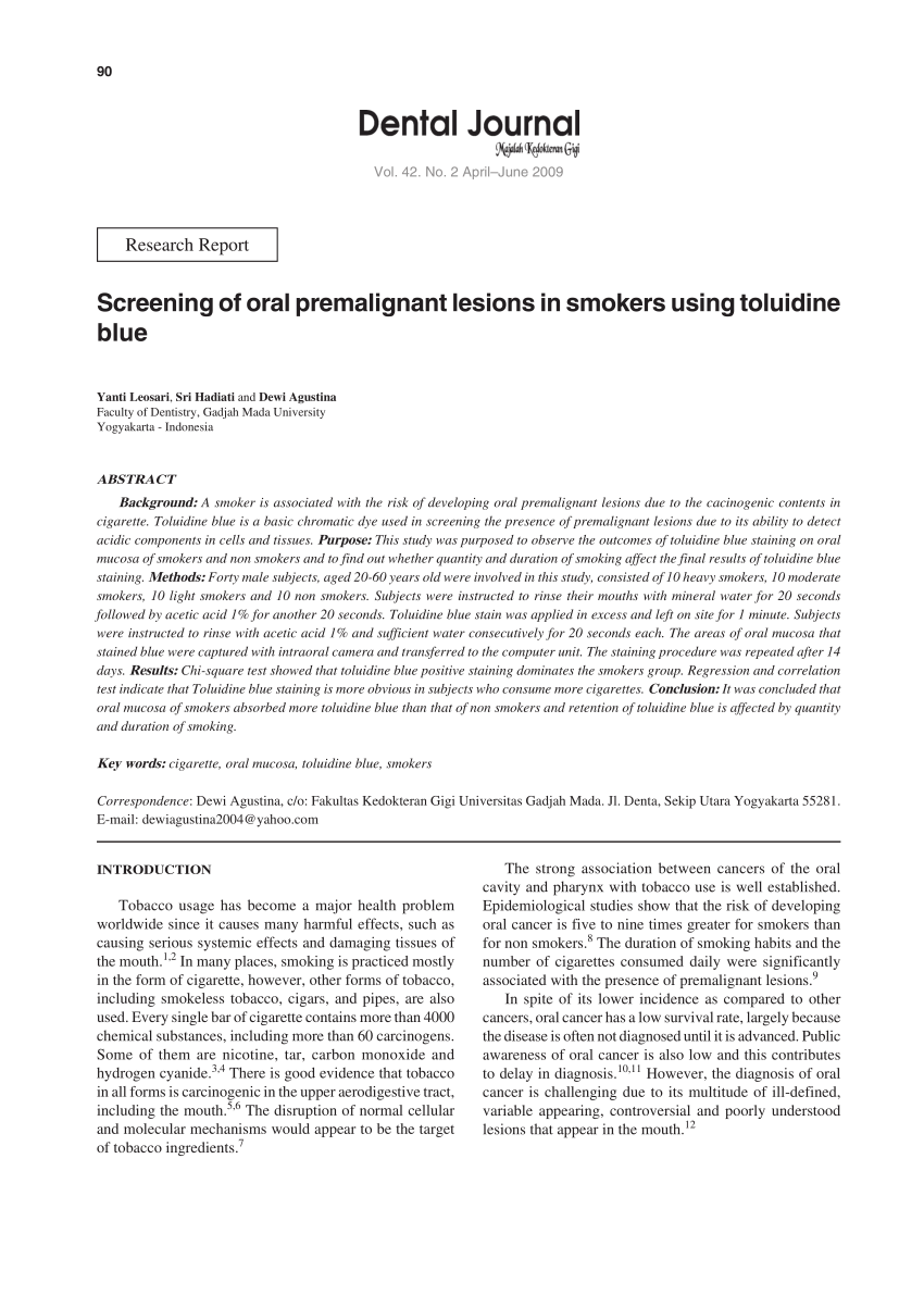 (PDF) Screening of oral premalignant lesions in smokers using toluidine ...