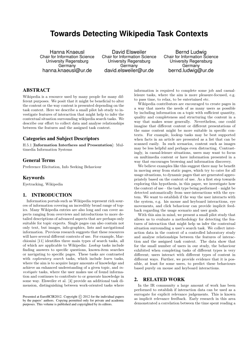 Pdf Towards Detecting Wikipedia Task Contexts