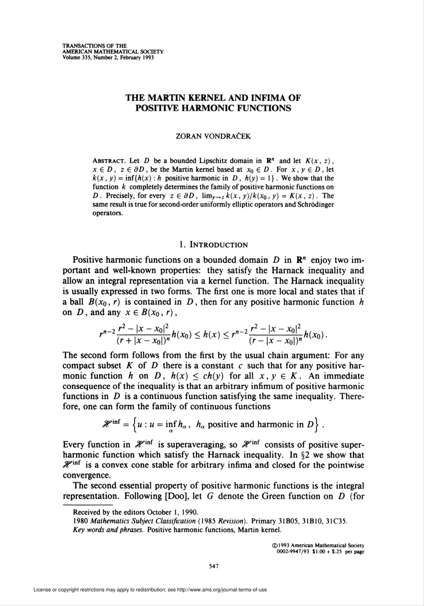 Pdf The Martin Kernel And Infima Of Positive Harmonic Functions