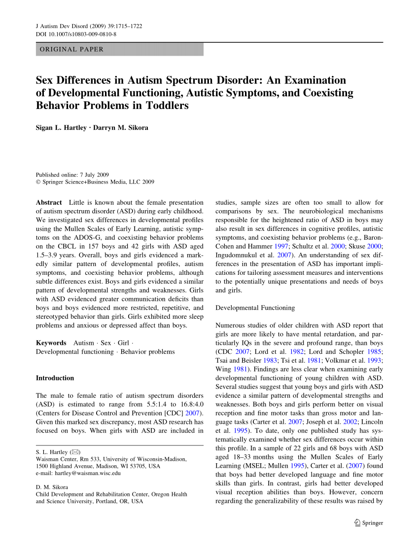 Pdf Sex Differences In Autism Spectrum Disorder An Examination Of Developmental Functioning 9979