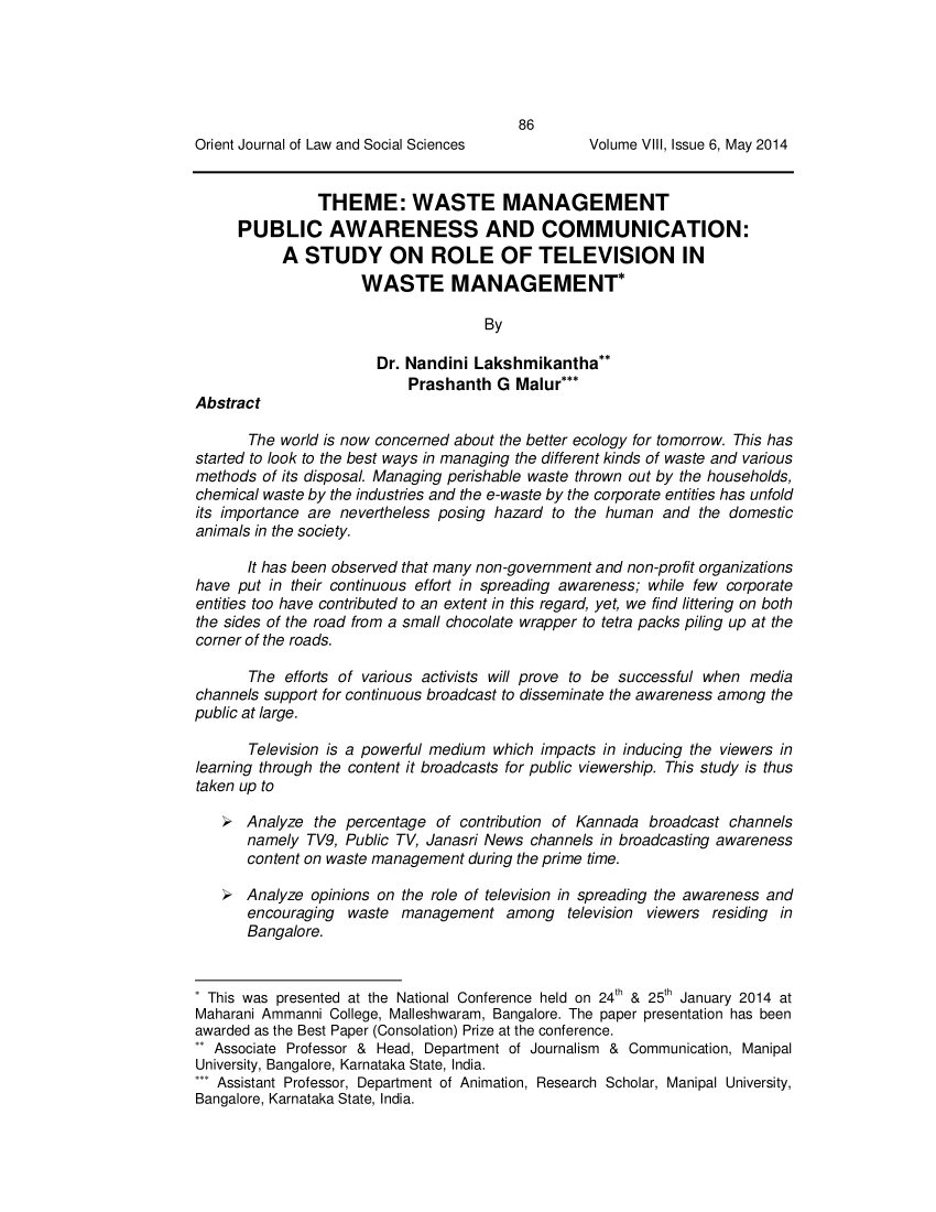 PDF) THEME: WASTE MANAGEMENT PUBLIC AWARENESS AND COMMUNICATION: A STUDY ON  ROLE OF TELEVISION IN WASTE MANAGEMENT