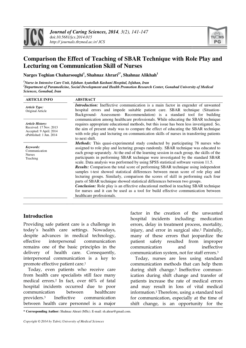 PDF) Comparison the Effect of Teaching of SBAR Technique with Role