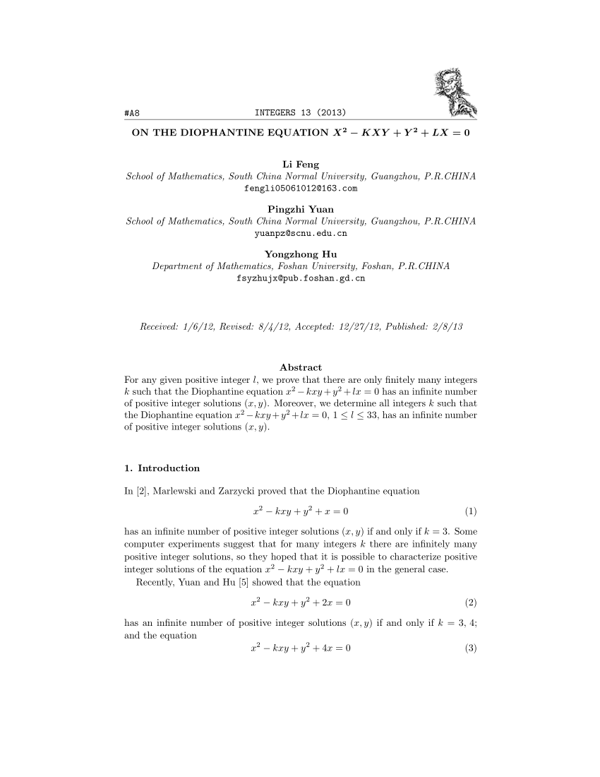 Pdf On The Diophantine Equation X 2 Kxy Y 2 Lx 0