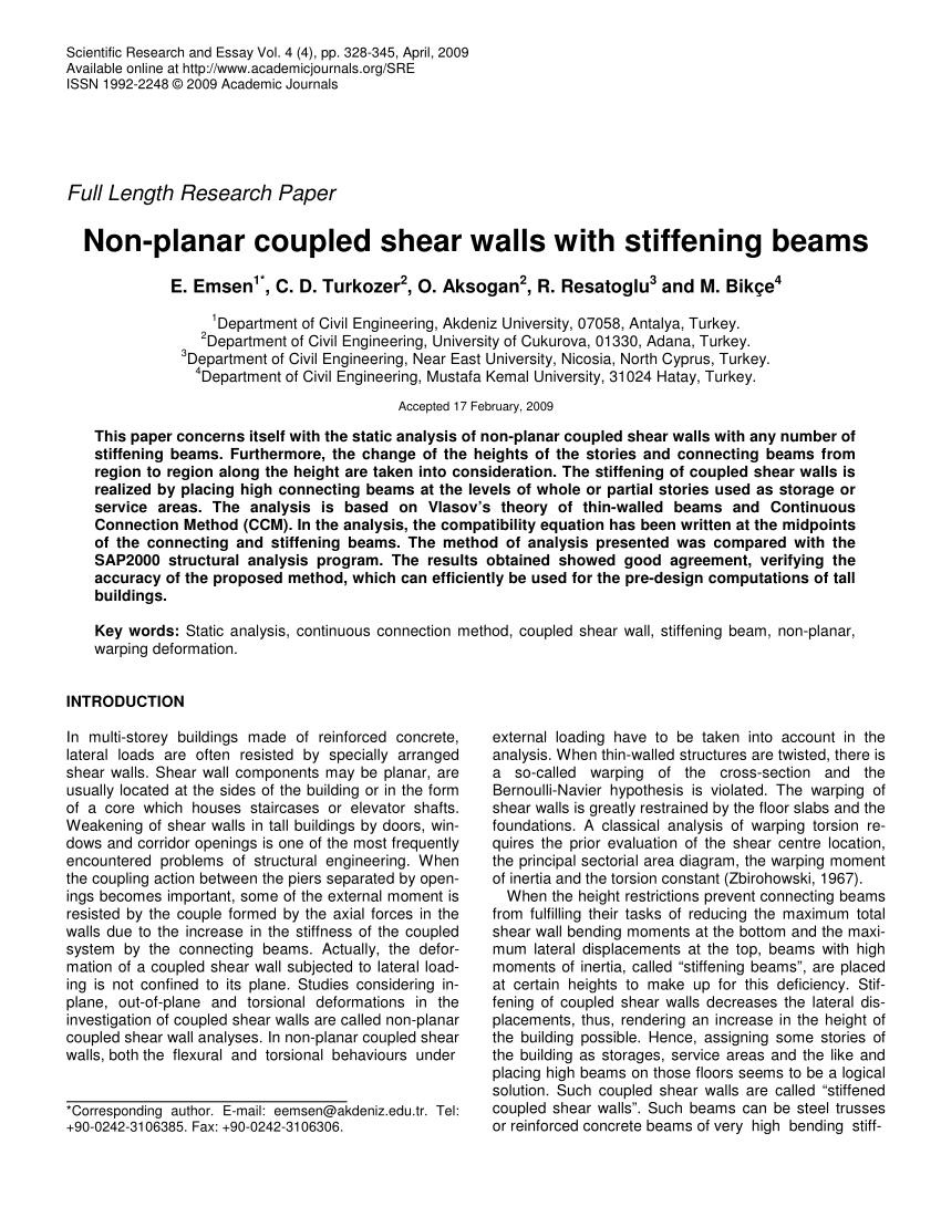 Pdf Non Planar Coupled Shear Walls With Stiffening Beams