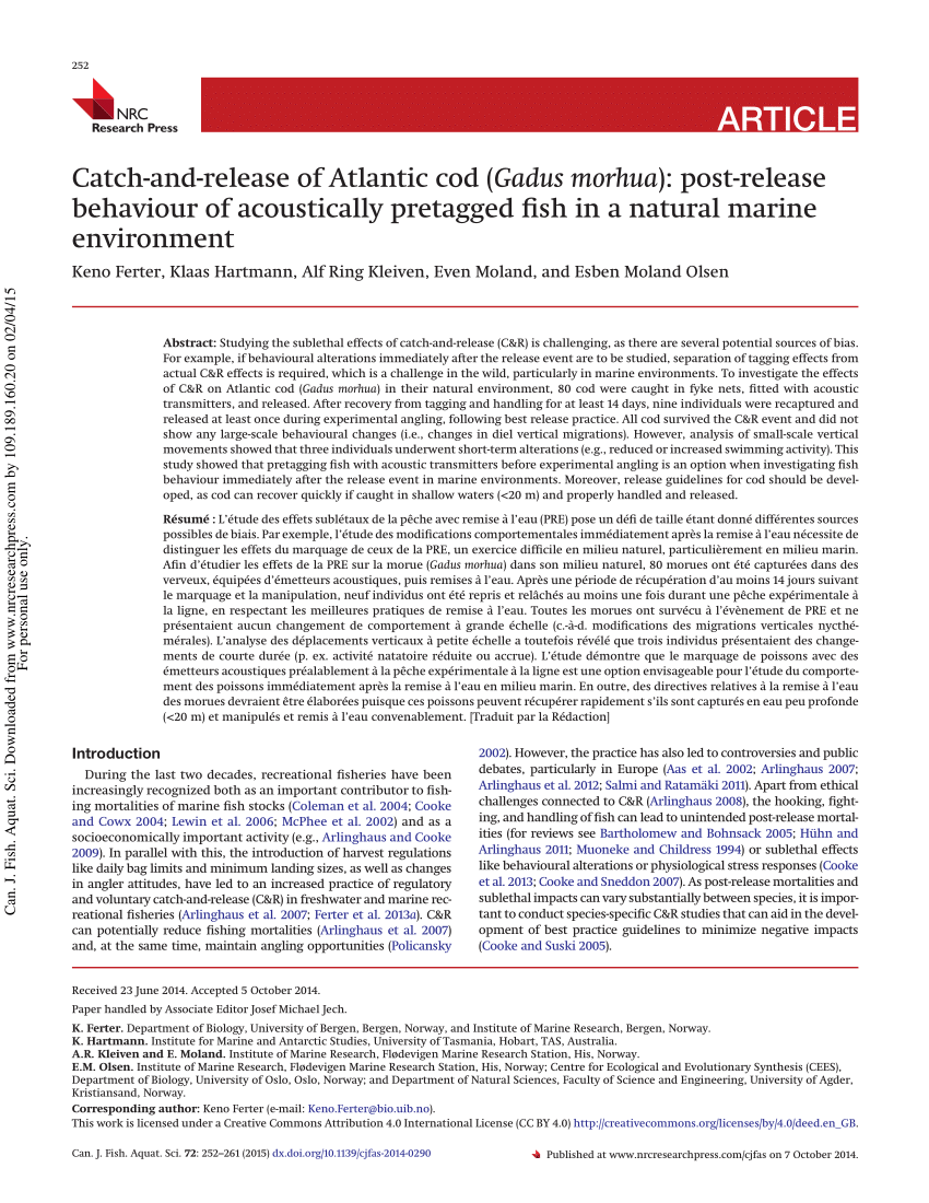 PDF) Catch-and-release of Atlantic cod (Gadus morhua): Post ...