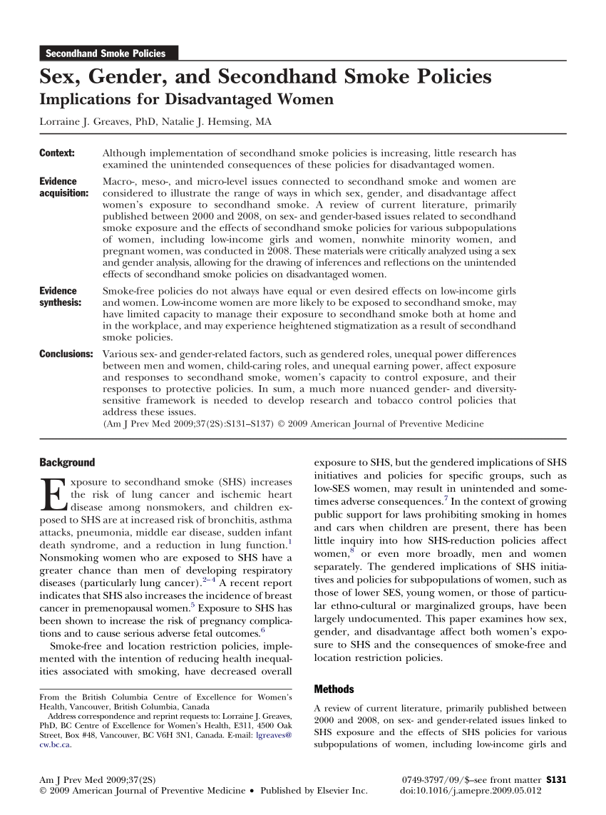 Pdf Sex Gender And Secondhand Smoke Policies Implications For Disadvantaged Women