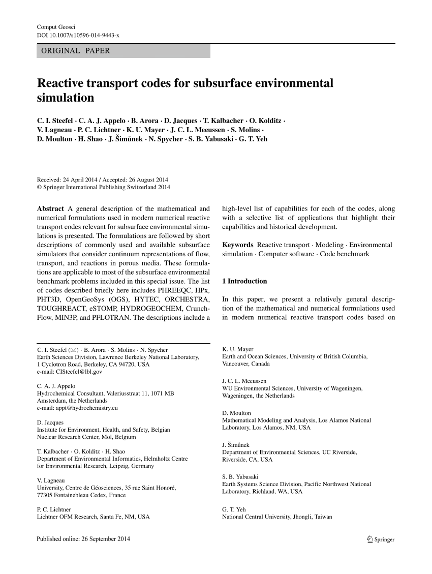 Pdf Reactive Transport Codes For Subsurface Environmental Simulation