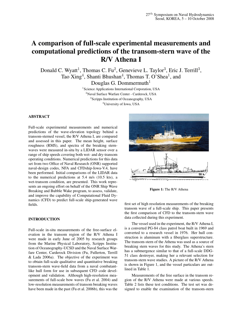 Pdf A Comparison Of Full Scale Experimental Measurements And Computational Predictions Of The Transom Stern Wave Of The R V Athena I