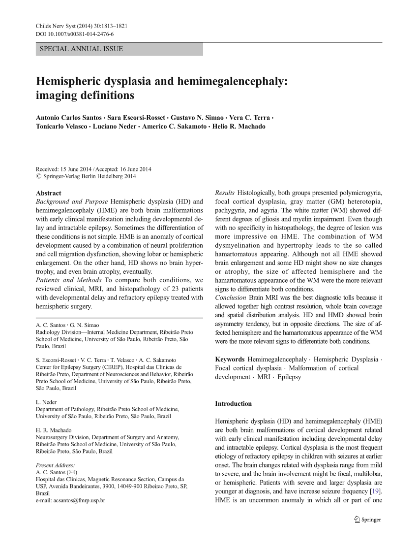 Pdf Hemispheric Dysplasia And Hemimegalencephaly Imaging Definitions