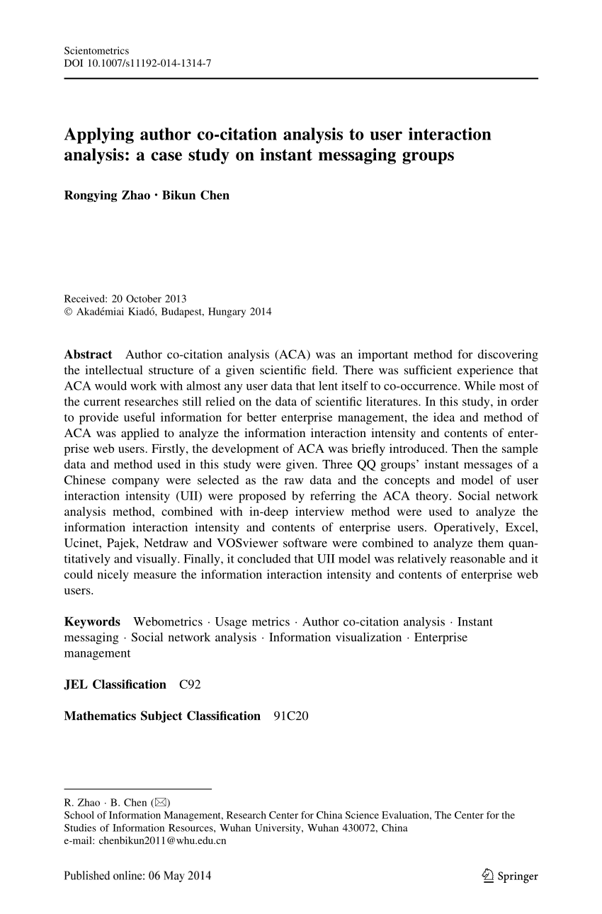 Pdf Applying Author Co Citation Analysis To User Interaction Analysis A Case Study On Instant Messaging Groups