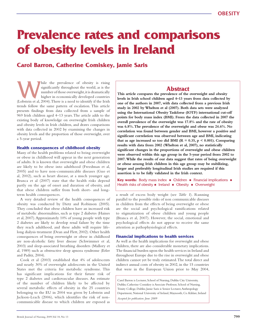 (PDF) Prevalence rates and comparisons of obesity levels in Ireland
