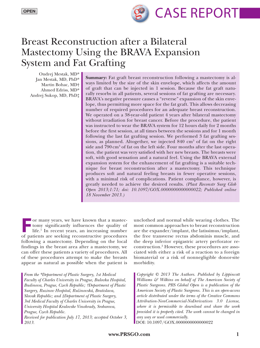 PDF) Breast Reconstruction after a Bilateral Mastectomy Using the BRAVA  Expansion System and Fat Grafting
